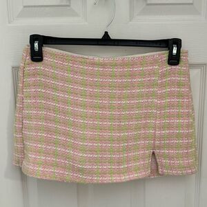 Zara Tweed Skort Shorts Size Medium Pink Green Preppy Mini Plaid Pastel